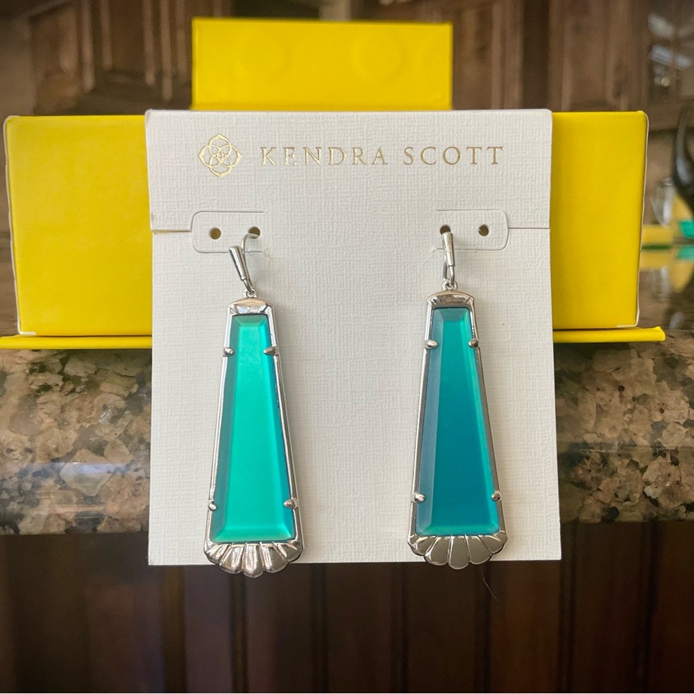 BNIB Kendra Scott SILVER Serena Drop Earrings w/Aqua Blue Stone-incl. KS dustbag